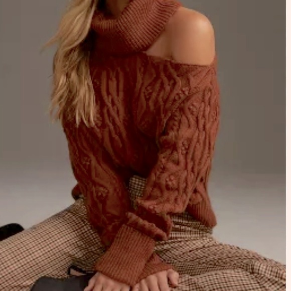 Paige x Anthropologie Raundi Cable Knit M Brown Red Cropped OffShoulder Pullover - Picture 4 of 13